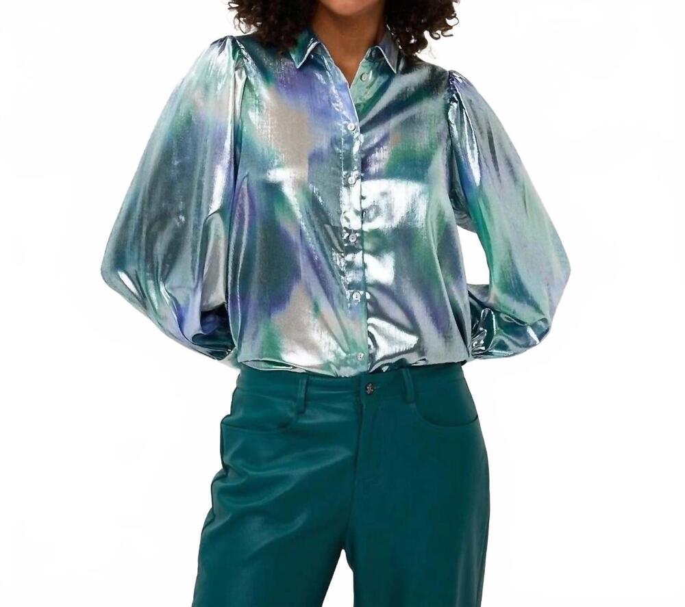 NEW ESQUALO bess faded brilliance blouse in teal, blue and silver
